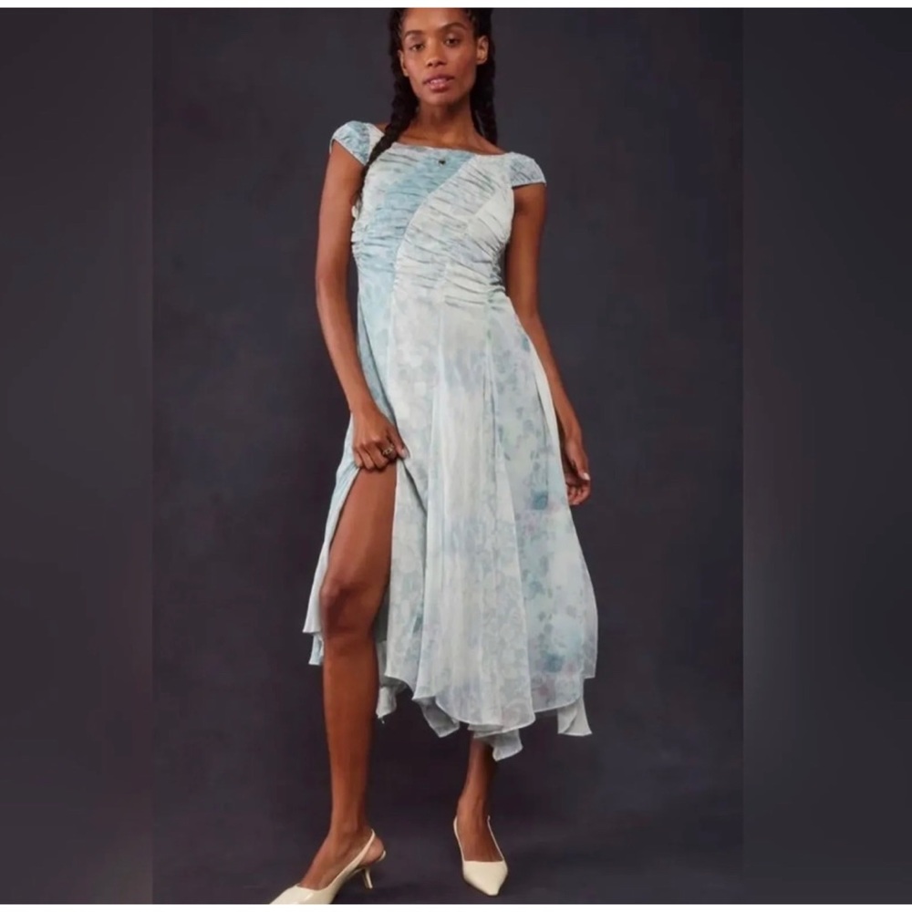 Free People Heart to Ocean Midi Dress Size 6 Blue Floral Handkerchief Hem Boho